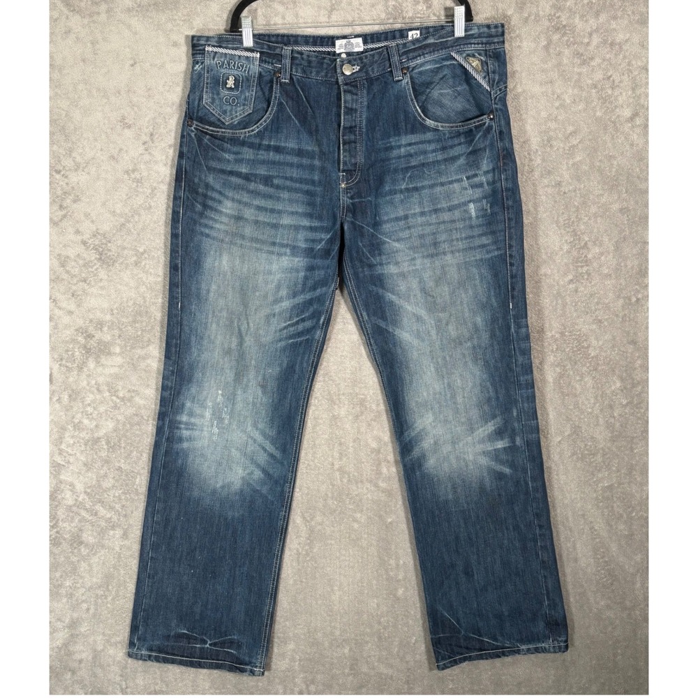 Parish Nation Mens Relaxed Straight Leg Distressed Blue Jeans Size 42 Button Fly